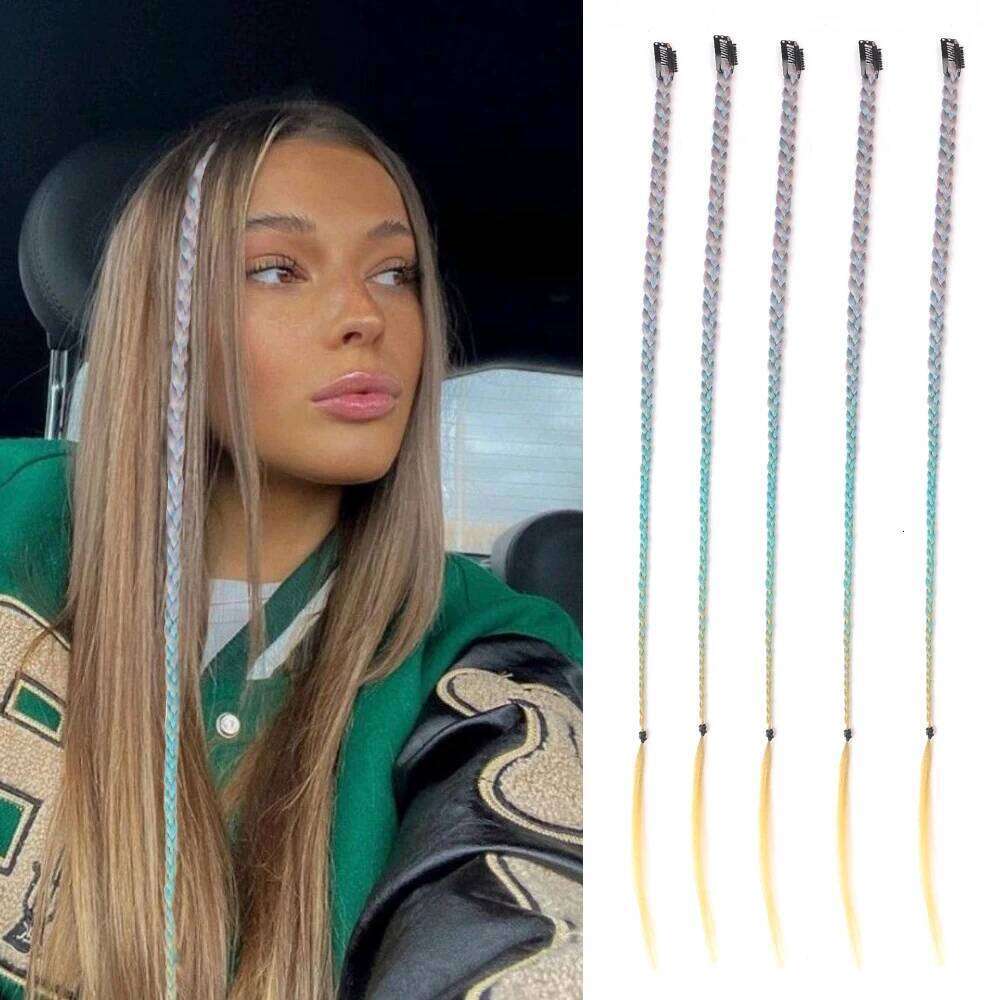 Synthetic 5 Pcs/Lot Clip-in Extensions Rainbow Colorful 22 Inch Braid Hair Extension With Clip Ombre Hairpiece Box Braids