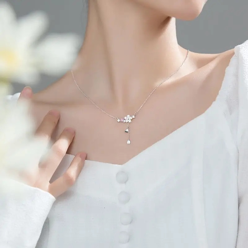 Romantic Pink Cherry Blossom Clavicle Chain Jewelry Set For Women Elegant Sweet Rose Flower Necklace Earrings Wedding Gift 250715