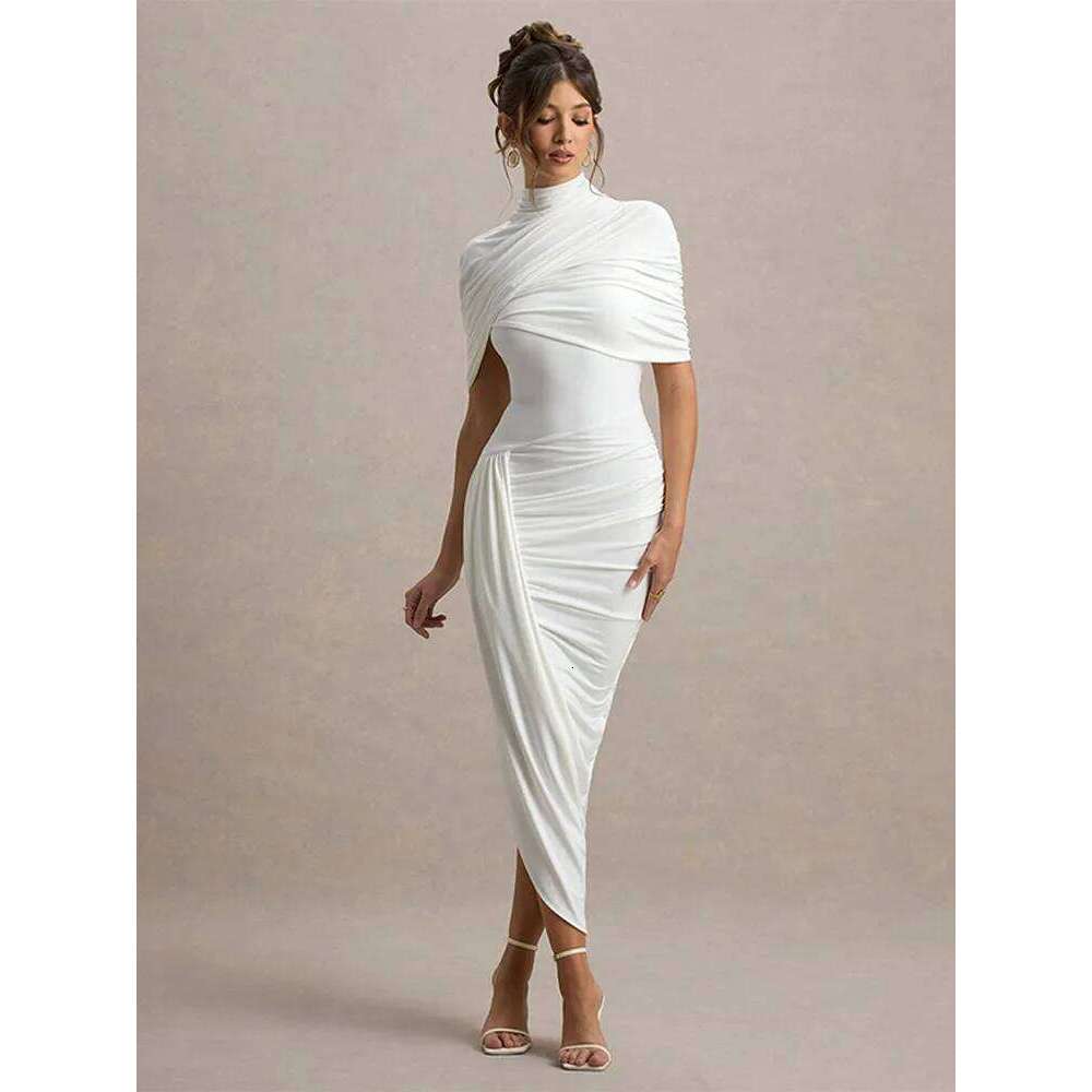 Designer Clothing 2025 Women Solid High Neck Pleated Maxi Slim Fit Waist Cinching Backless Long Dress Lady Summer Elegant Party Vestidos 2025