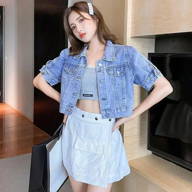 Fashion Buttons Casual Jean Coat Cropped Denim Jacket Women Summer Loose Korean Solid Short Sleeve Turn Down Collar Outerwear 250728