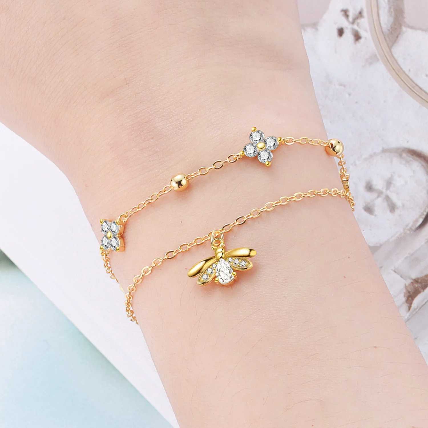 PANPOKI New 925 Sterling Silver Firefly Insect Double Layer Bracelet Chain Link Women Bracelet Jewelry Party Trendy Gifts W250728