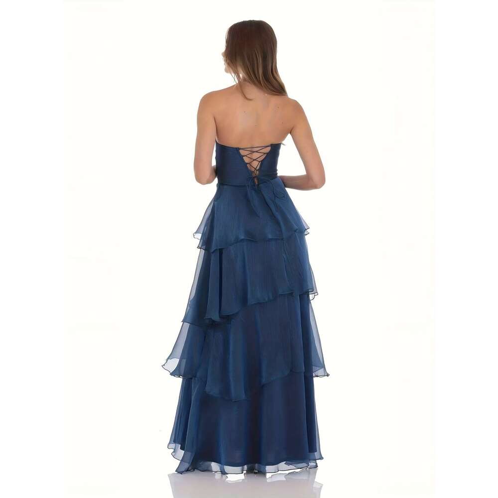 Navy Blue Layered Ruffle Hem A-Line Bridal Gown for Galas & Evening Events