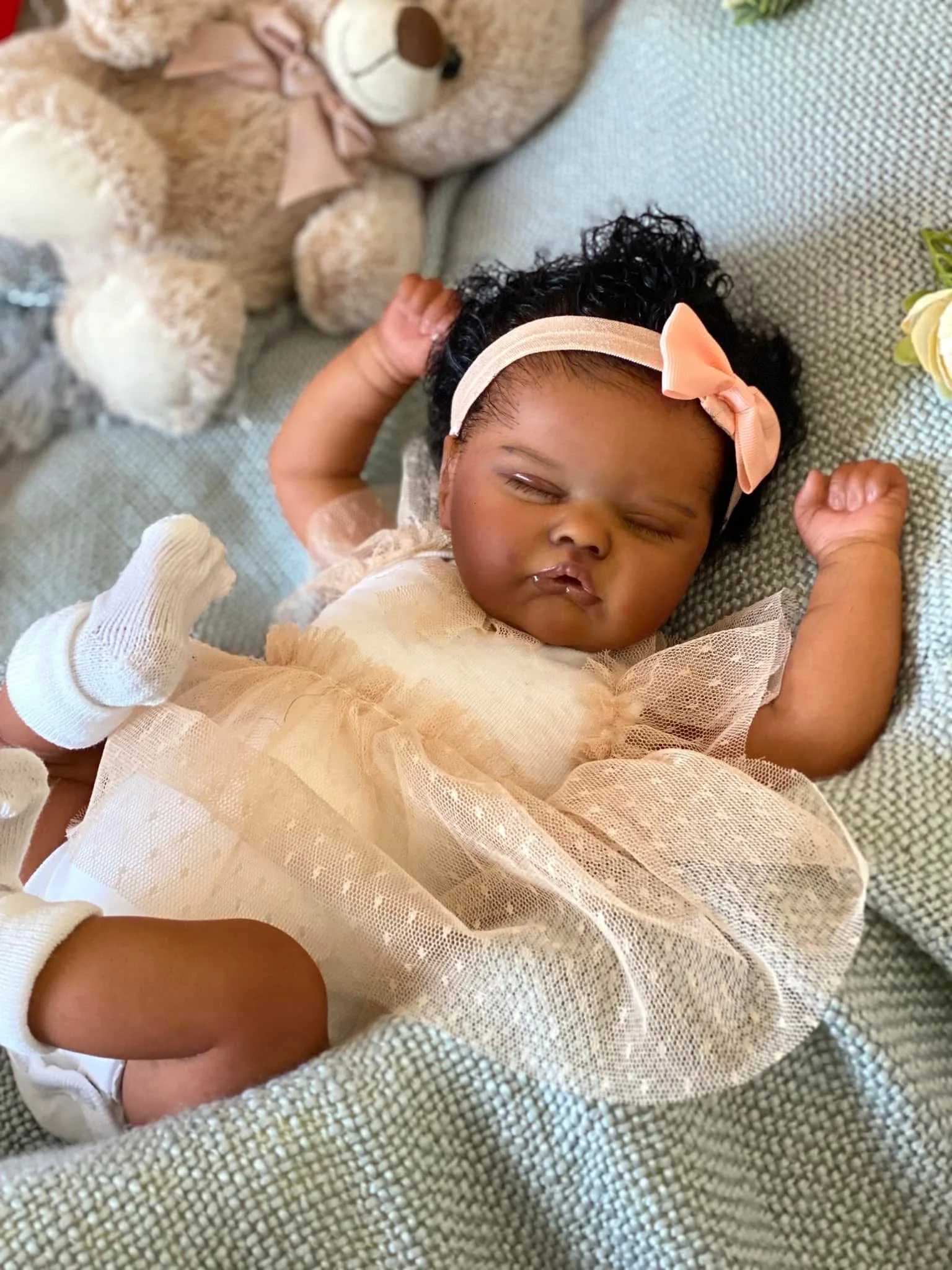 18-inch NPK Reborn Baby Doll Quinbee Newborn Lifelike Soft Touch Dark Skin 3D Painting with Hand Root Hair Cuddly Toy W250728