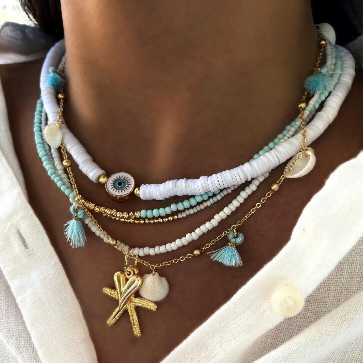 Bohemian Soft Clay Beaded Personality Starfish Shell Pendant Layered Necklace for Women Jewelry for Women