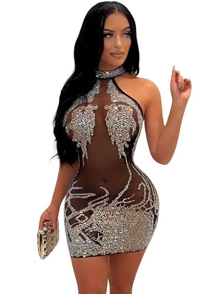Sexy Mesh Rhinestone Short Prom Evening Mini Dress See Through Outfits For Women Night Club Party Bodycon Dresses Z250728