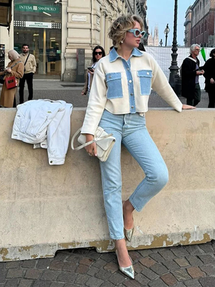 Y2k Women Denim Patchwork Jacket Coat Lapel Long Sleeves Jeans with Packets Spring Casual Lady Denim Coats Outwear Top 250728