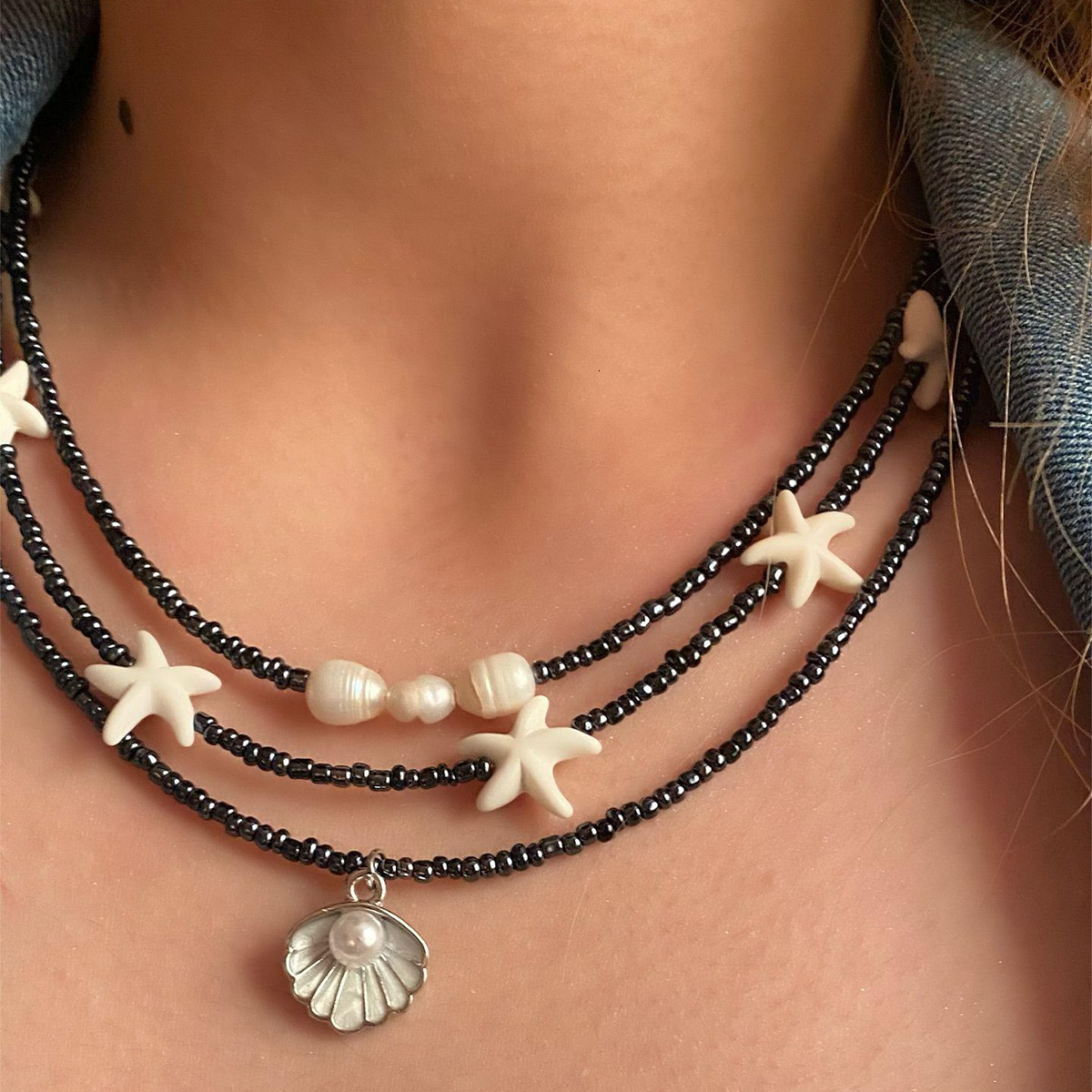 Summer Shell Pearl Necklace for Women, Unique Design, Black Rice Beads, Bohemian Style Starfish Collarbone Chain Jewelry for Women