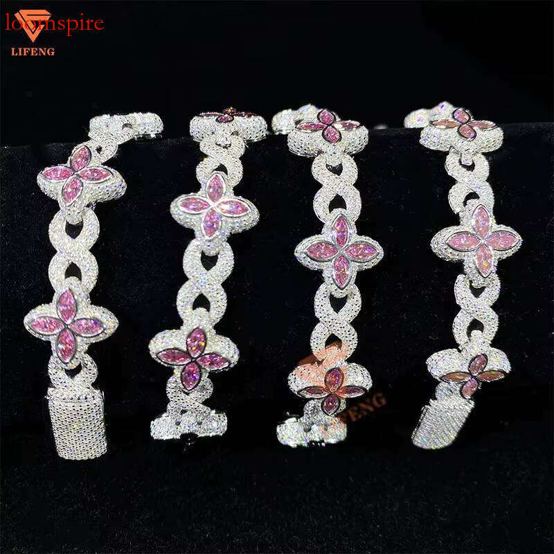 Custom Hip Hop Jewelry 14mm White Gold Sterling Sier Pink Moissanite Dia Four Leaf Clover Infinity Link Bracelet