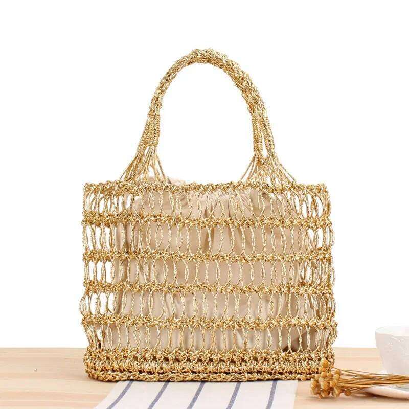 New gold and sier thread hollowed out hand hook woven for trendy women's vacation beach portable straw bag