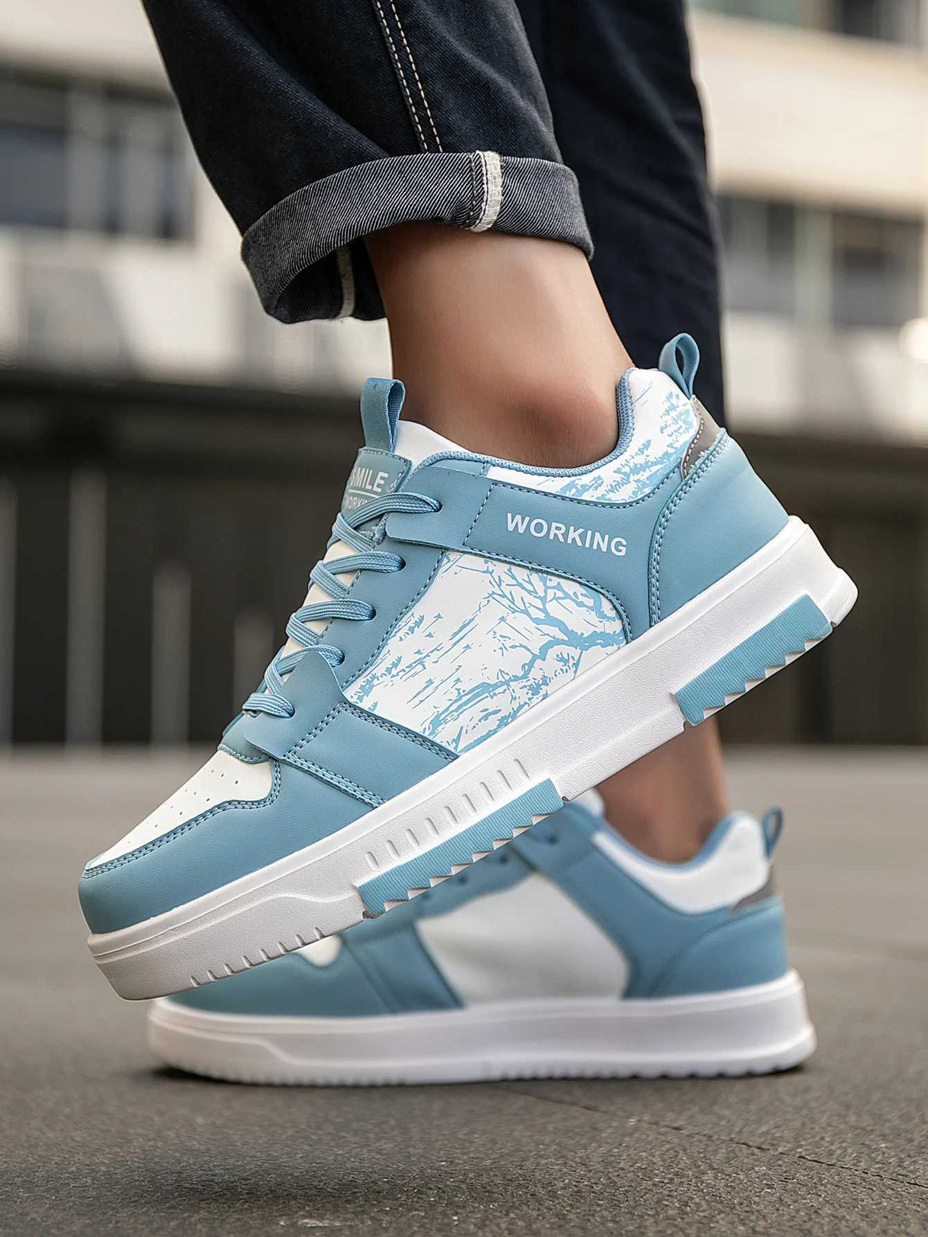 Mens For Pattern Fionable Stylish Sky Blue Contrasting Color Comfortable Skateboard Shoes Niche Design Preppy Style Front Strap Versatile Love Shoes Y