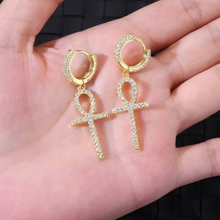 Hot Fashion White/Yellow/Rose Gold Plated Ankh Cross Iced Out CZ Cubic Zirconia Hip Hop Ankh Cross Earrings Jewelry