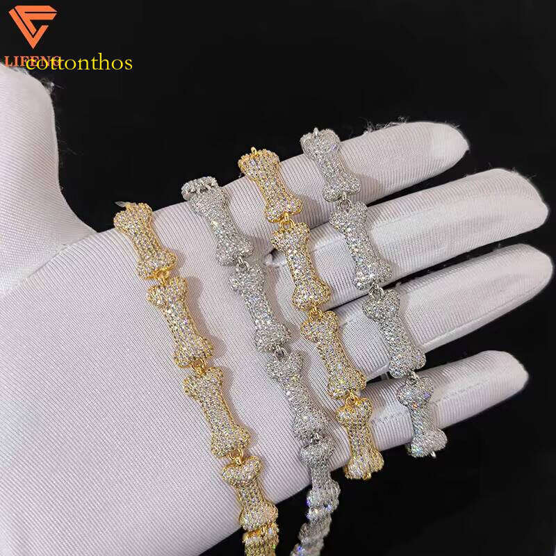Hot Sales Fashion Jewelry 10mm Width Sier Iced Out VVS Moissanite Cute Dog Bone Shaped Bling Thin Cuban Chain Bracelet Men