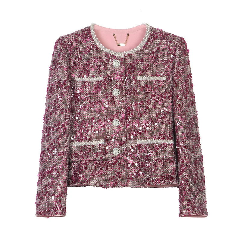Style Elegant Light y Celebrity Bead Sequin Small Fragrance Tweed Round Neck SingleBreasted Jacket 250728