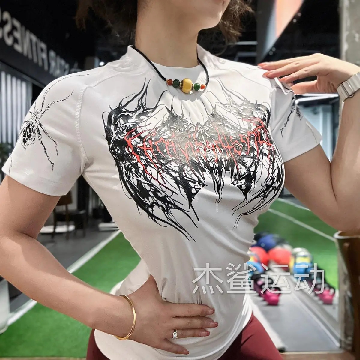 Gothic quick drying compression tight fitting medium long mens and womens fitness clothes short sleeved versatile T-shirt top 250728