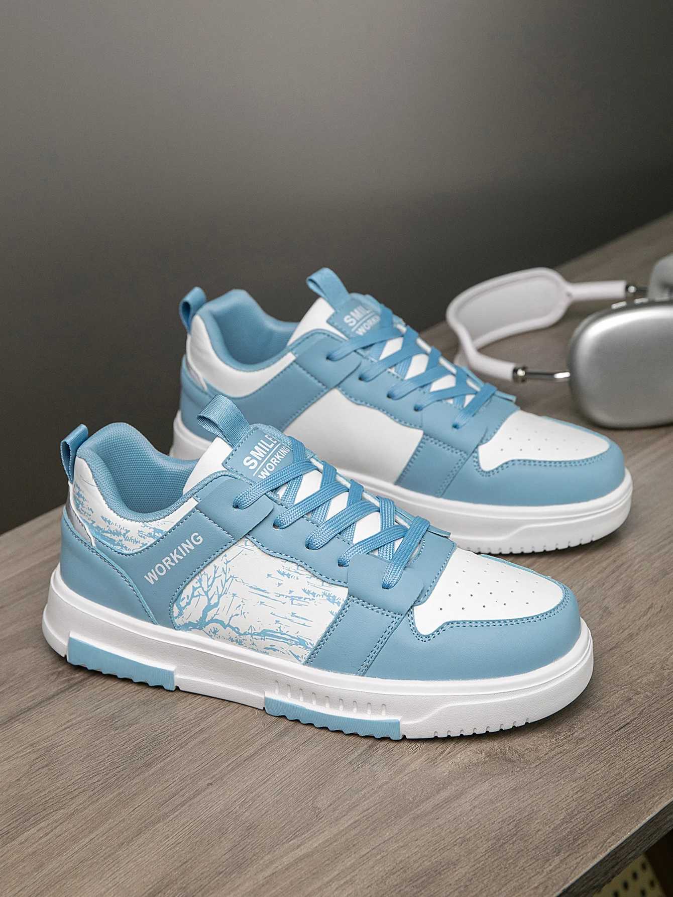 Mens For Pattern Fionable Stylish Sky Blue Contrasting Color Comfortable Skateboard Shoes Niche Design Preppy Style Front Strap Versatile Love Shoes Y