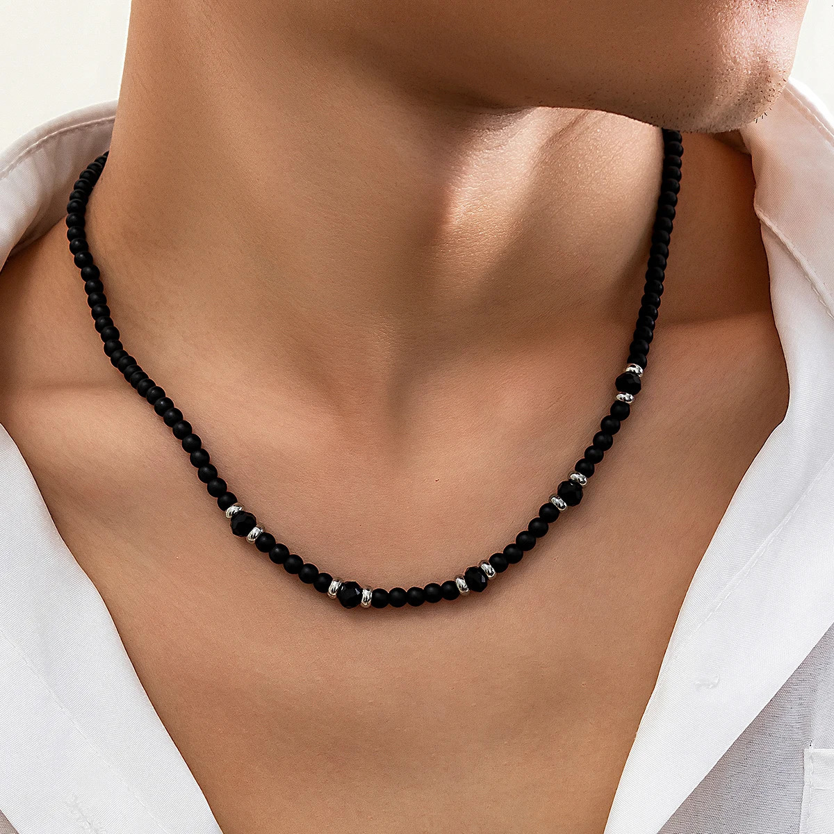 Salircon Punk Black Crystal Bead Clavicle Necklace Mens Simple Ethnic Style Bead Chain Choker On Neck Jewelry Gift 250723