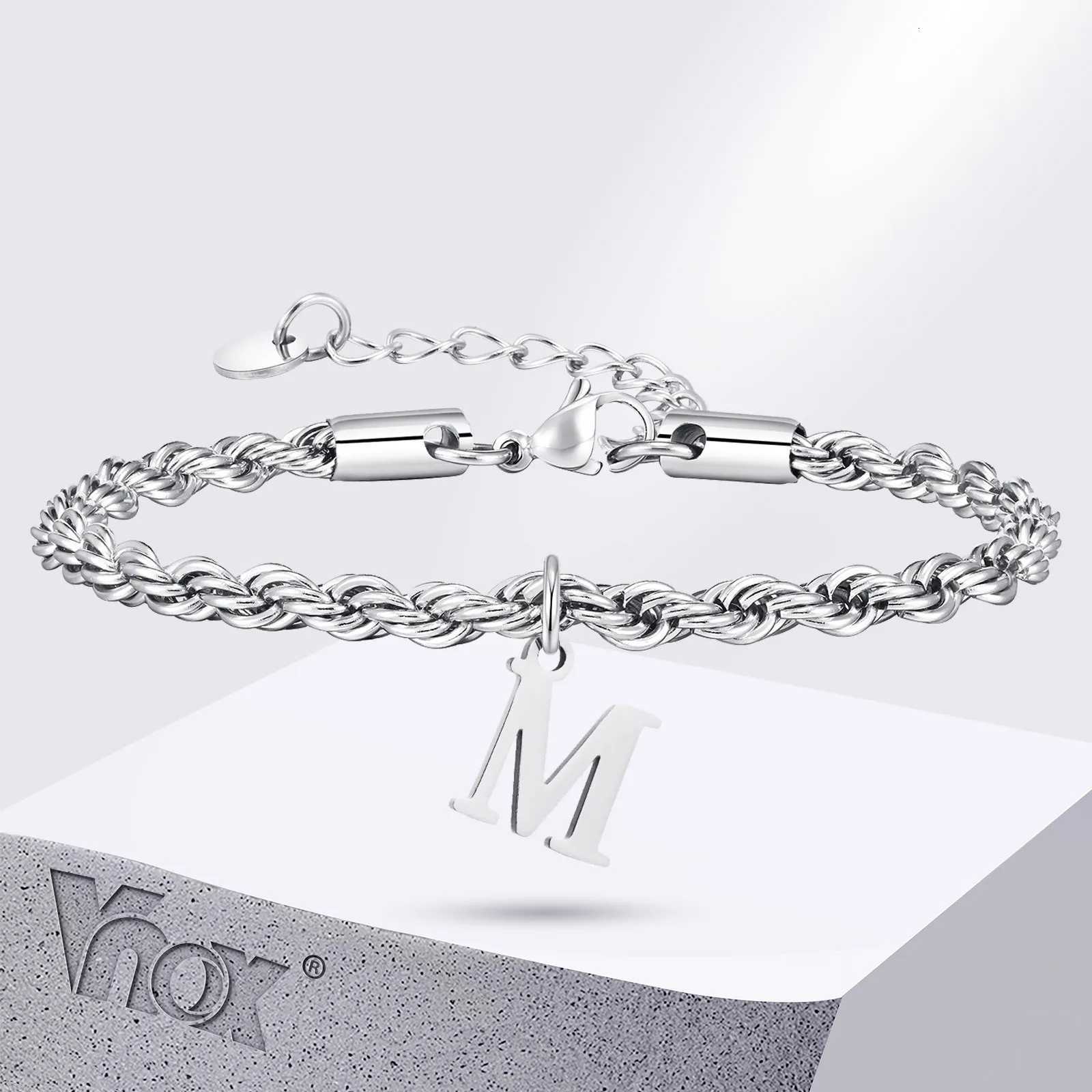 50pcs Vnox Enamel Twisted Rope Bracelets with A-Z Alphabet Letters Charms Waterproof Silver Color Link Chain Bracelets Christmas Gift W250728