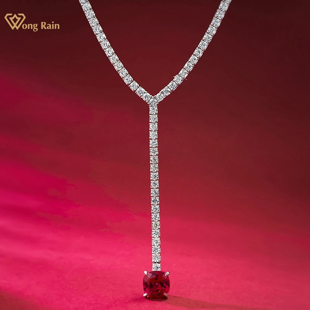 Wong Rain Vintage 100% 925 Sterling Silver 8*8 MM Ruby High Carbon Diamond Gems Tennis Chain Necklace Pendant Jewelry for Women 250722