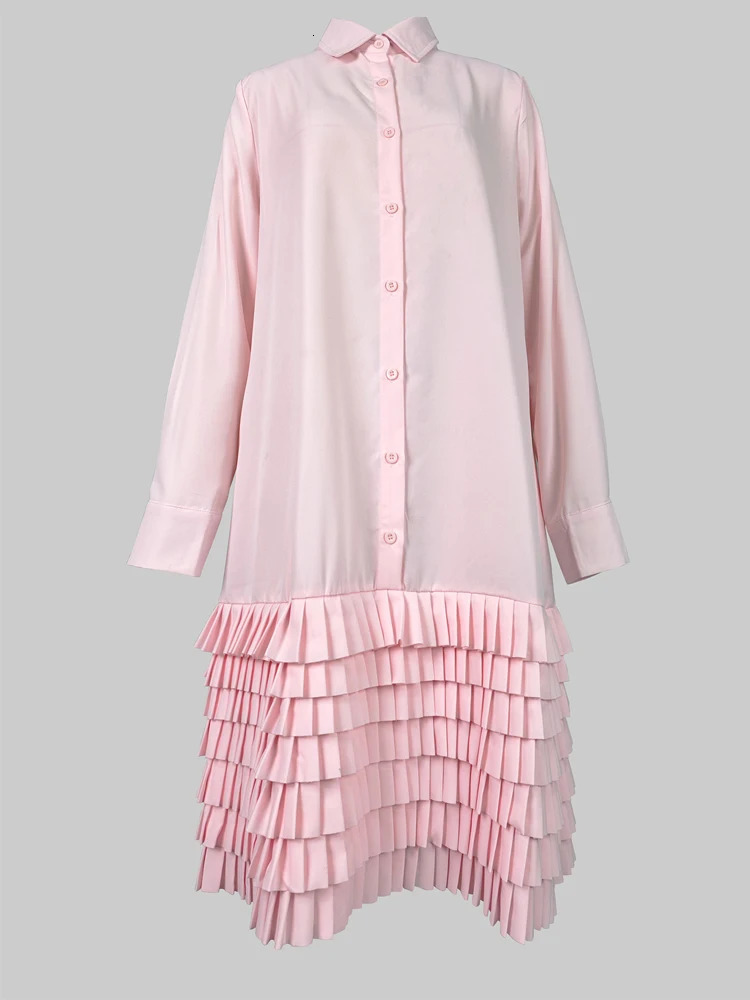 Womens ALine Midi Dresses Autumn Summer Long Sleeves Layered Pleated Pockets Solid Color Lapel Shirt Dress 250728