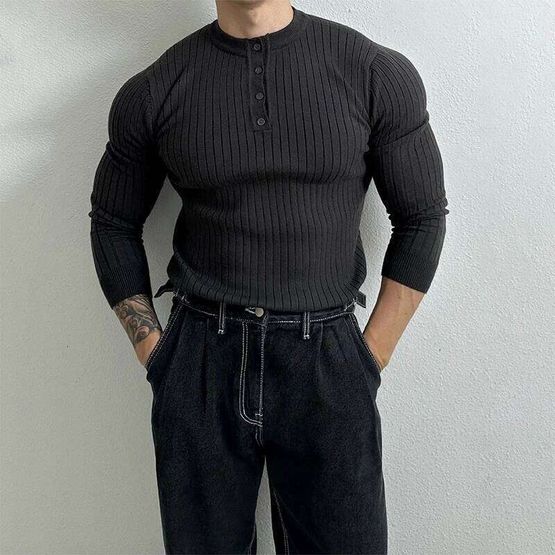 Autumn Clothing Men's Light Knit Korean Popular Henry Collar T-shirt Button-down Long Sleeve Retro Leisure Knitwear