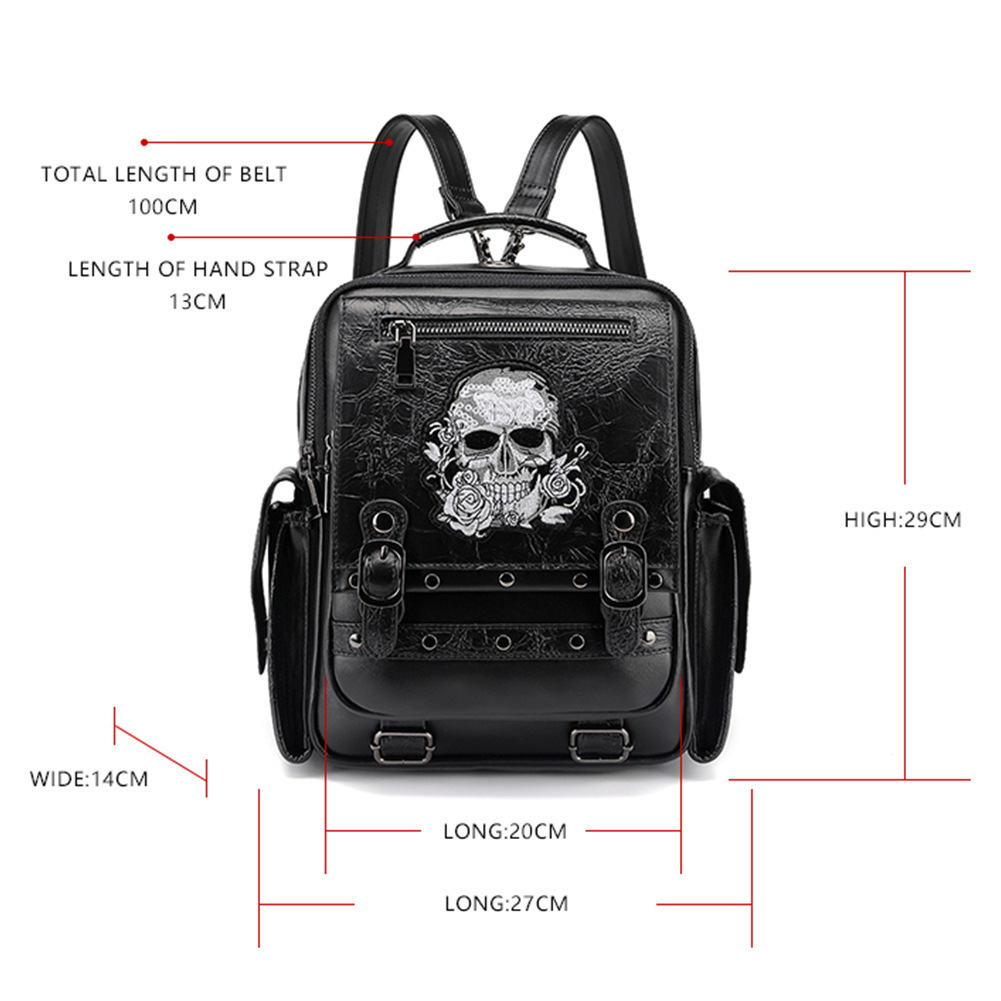 Gothic Style Large Capacity Women's Backpack Skull Embroidery Handbag Laptop Bag PU Leather ddmymoon