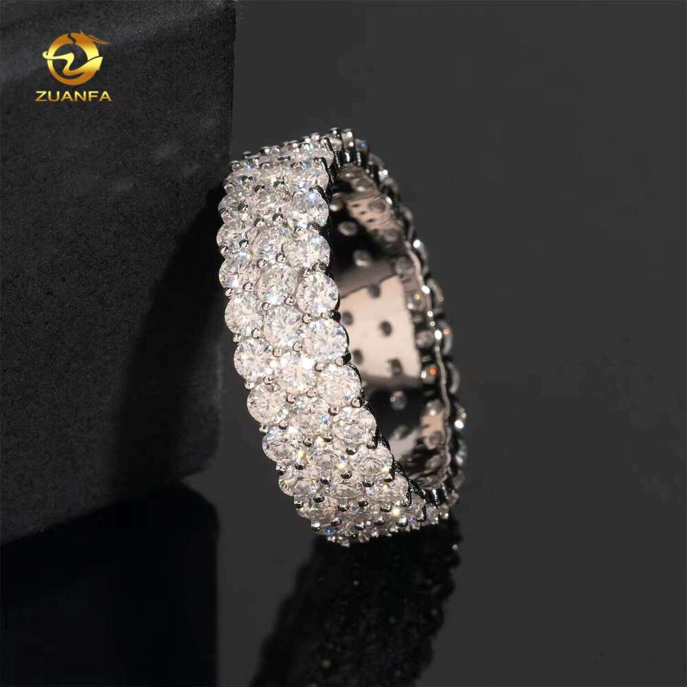 3rows Round Moissanite Band Ring Sier Gold Plated Hip Hop Style Men's Rings