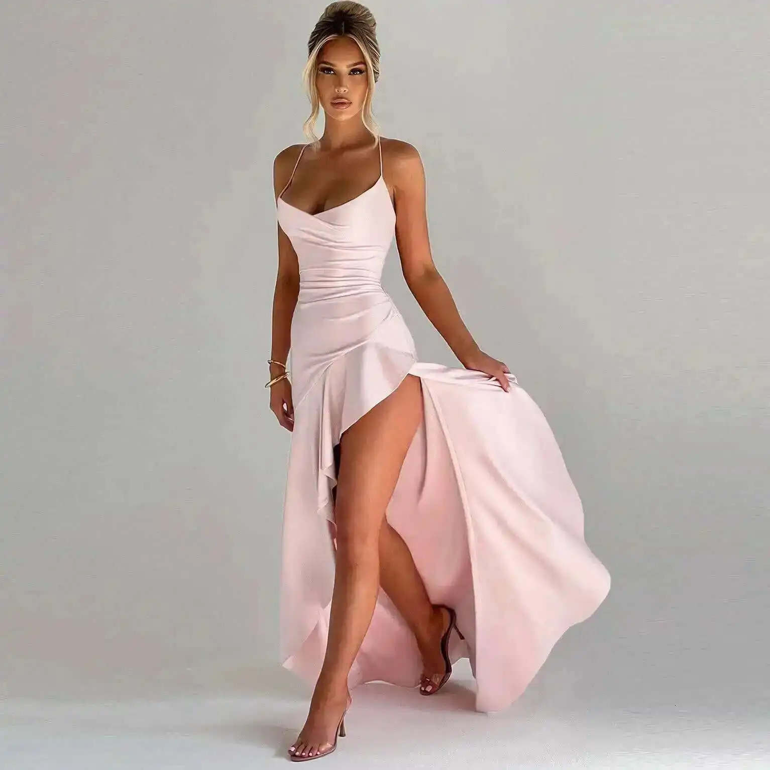 Gyu Sexy Satin Club Evening Party Dresses Summer Women Clothing Elegant Ruffle Irregular Backless Bandage Long Maxi Dress 250728