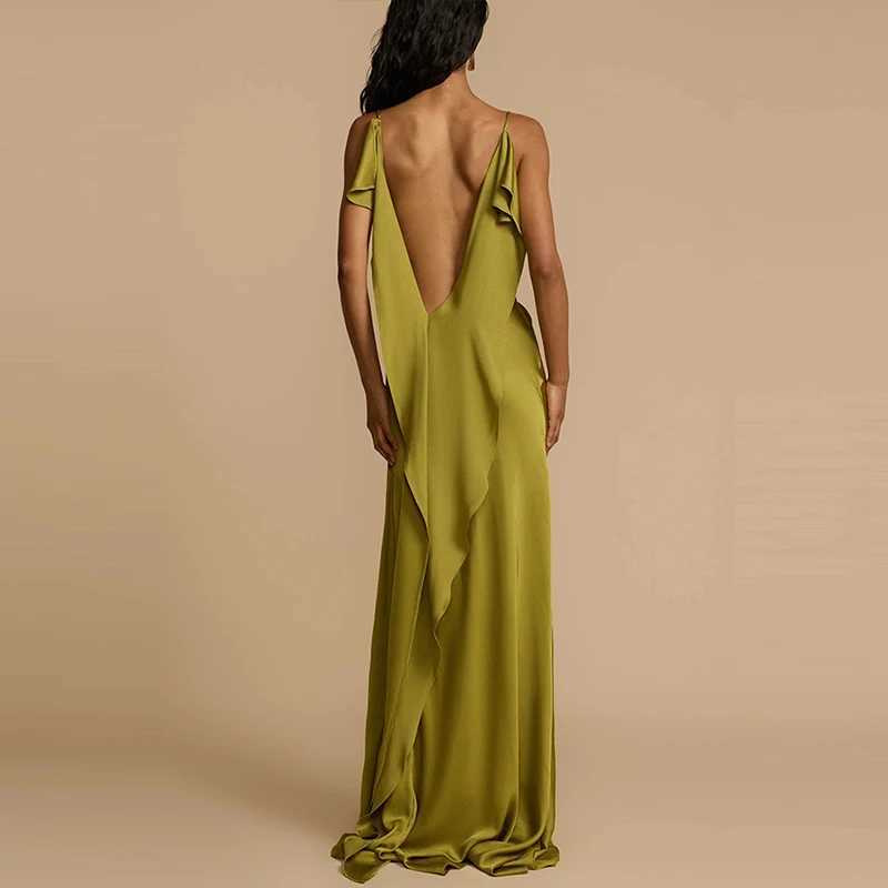 Lady Sexy Side Split Solid Slim Long Dress Fashion Draped High Waist Satin Dress Elegant Off Shoulder Irregular Suspender Dress Z250728