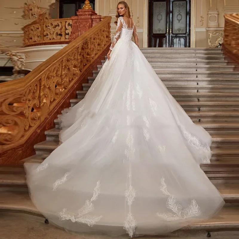 with Detachable Train Mermaid Wedding Dresses Lace Bead Ball Gown O-Neck Full Sleeve Bridal Gowns Sweep Train Custom Made Color/Size
