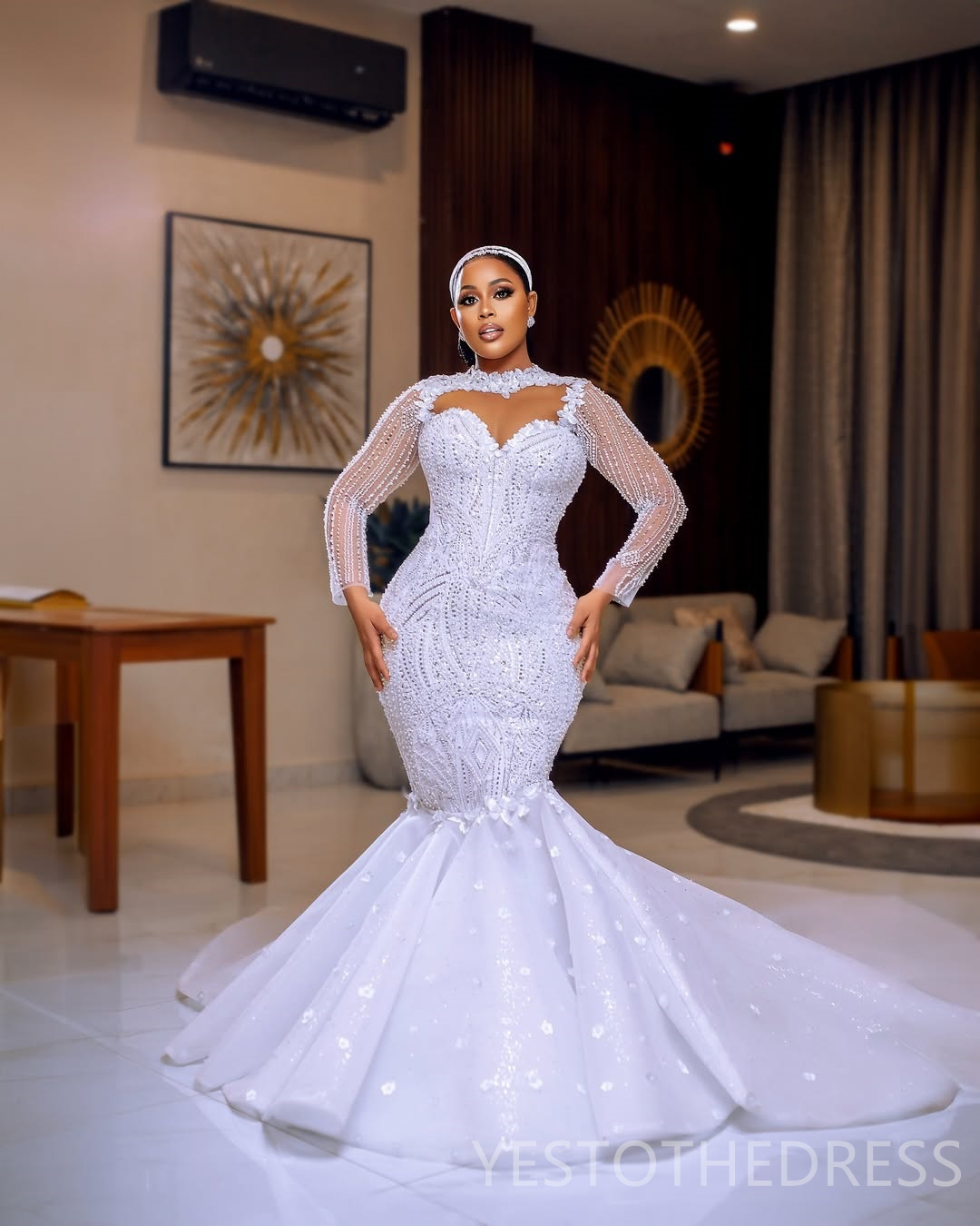 2025 Elegant African Wedding Dress Bridal Gowns For Bride Detachable Train Mermaid Sheer Neck Illusion Long Sleeves Beaded Lace Wedding Gowns For Blac