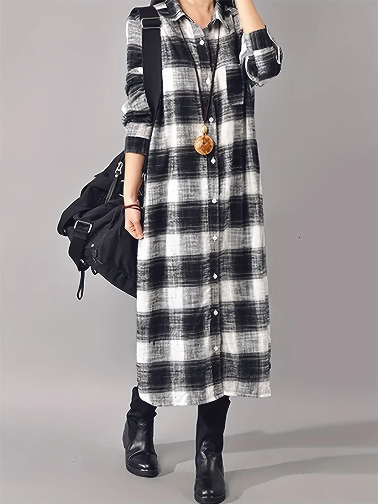 Summer Womens Loose Casual Shirt Dress Striped Plaid Long Sleeve Button Fashion Classic Plus Size 250728