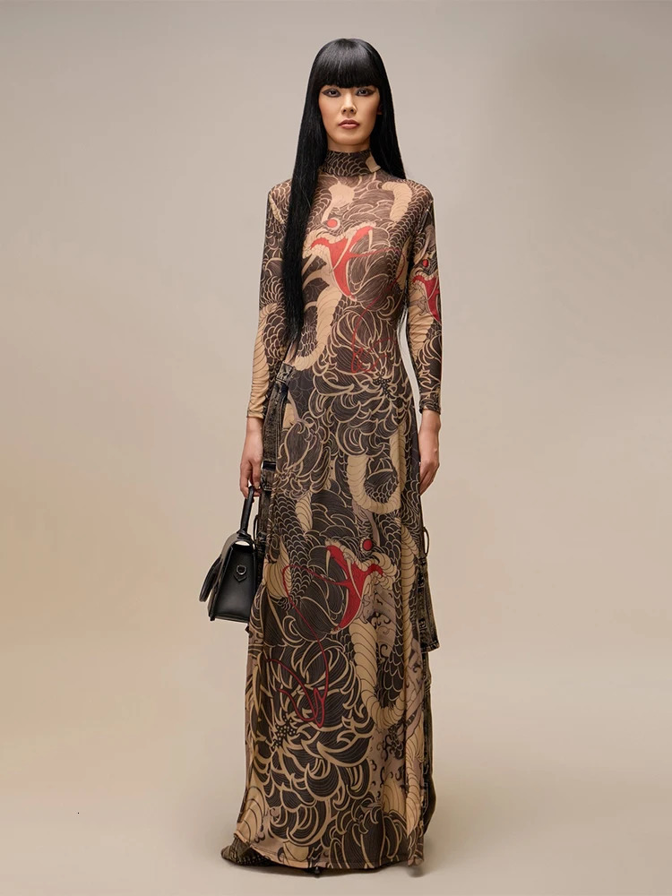 kliou Aesthetic Print Women Tshirts Hipster Autumn Stand Collar SuperLengthen Slim Tops for Mesh Thin Attractive Streetwear 250728