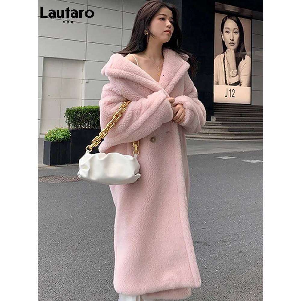Lautaro Winter Oversized Long Pink Thick Warm Teddy Coat Women Double Breasted Loose Casual Stylish European Faux Fur Overcoat