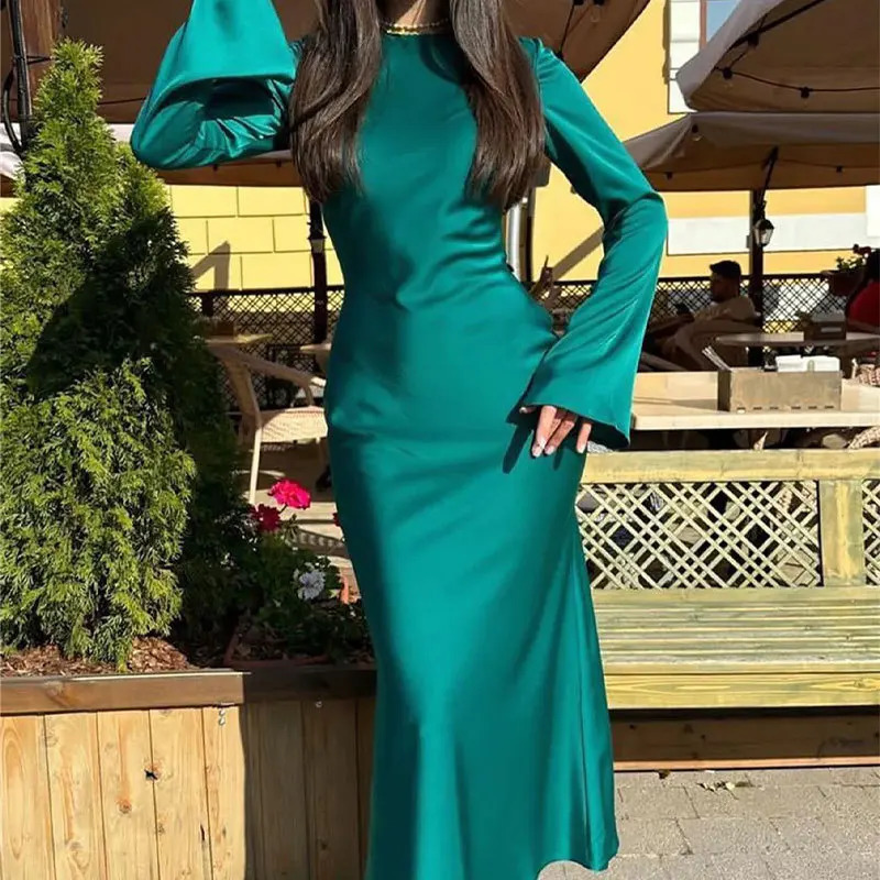 Summer Round Neck Long Dresses with Sleeves Solid Color in Evening Womens Dresses w250728