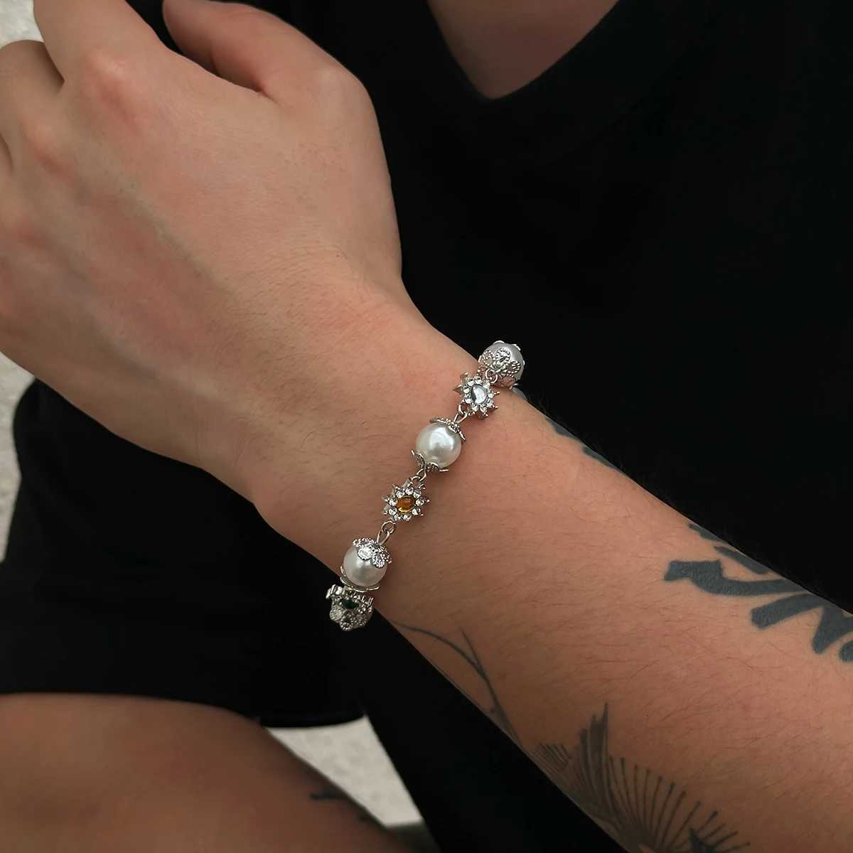 Lacteo Creative Shining Inlaid Rhinestones Imitation Pearl Bracelet for Men Fashion Statement Hand Bracelet Male Street Jewelry W250728