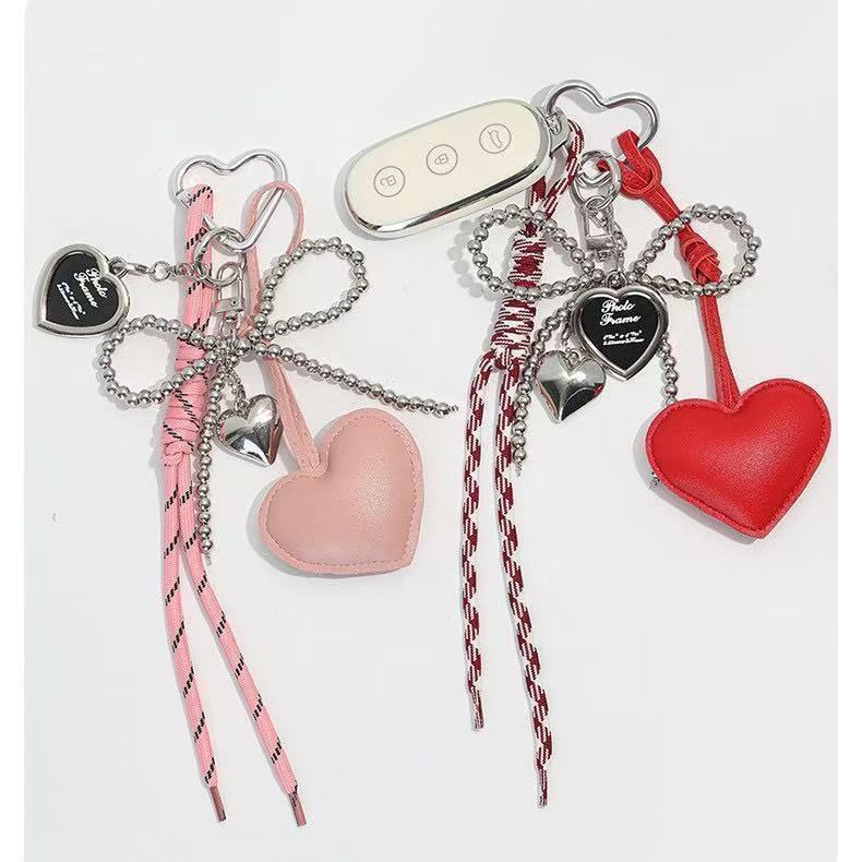 Cute Girly Heart Silver Bead Bowknot Miu Style Bag Pendant Leather Heart Super Beautiful Keychain Ornament 250726
