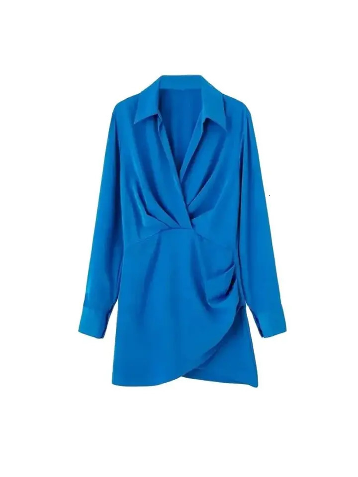 TRZA Women Fashion With Gathered Satin Mini Dress Vintage V Neck Long Sleeve Female Dresses Vestidos Mujer w250728
