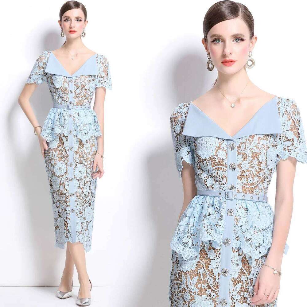 Designer Clothing 2025 Quality Summer Beaded Dias Embroidery Beige White Lace Evening Dress Women Short Sleeve Ruffle Peplum Midi Prom Dresses Long