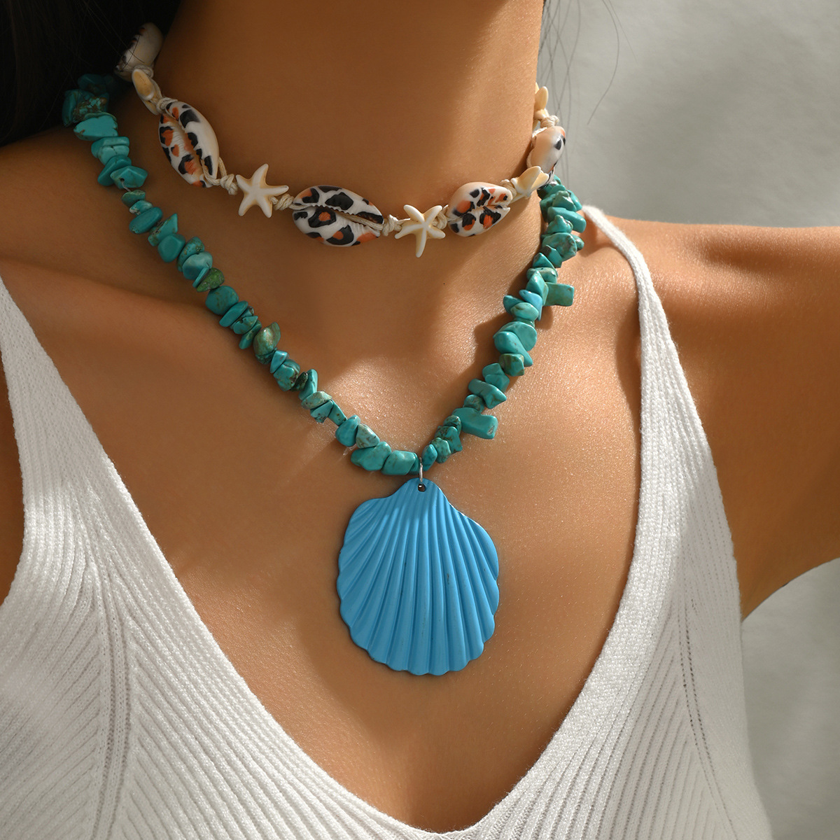Fresh and Sweet Blue Pendant Necklace Casual Vacation Summer Shell Layered Collarbone Chain for Women Jewelry for Women
