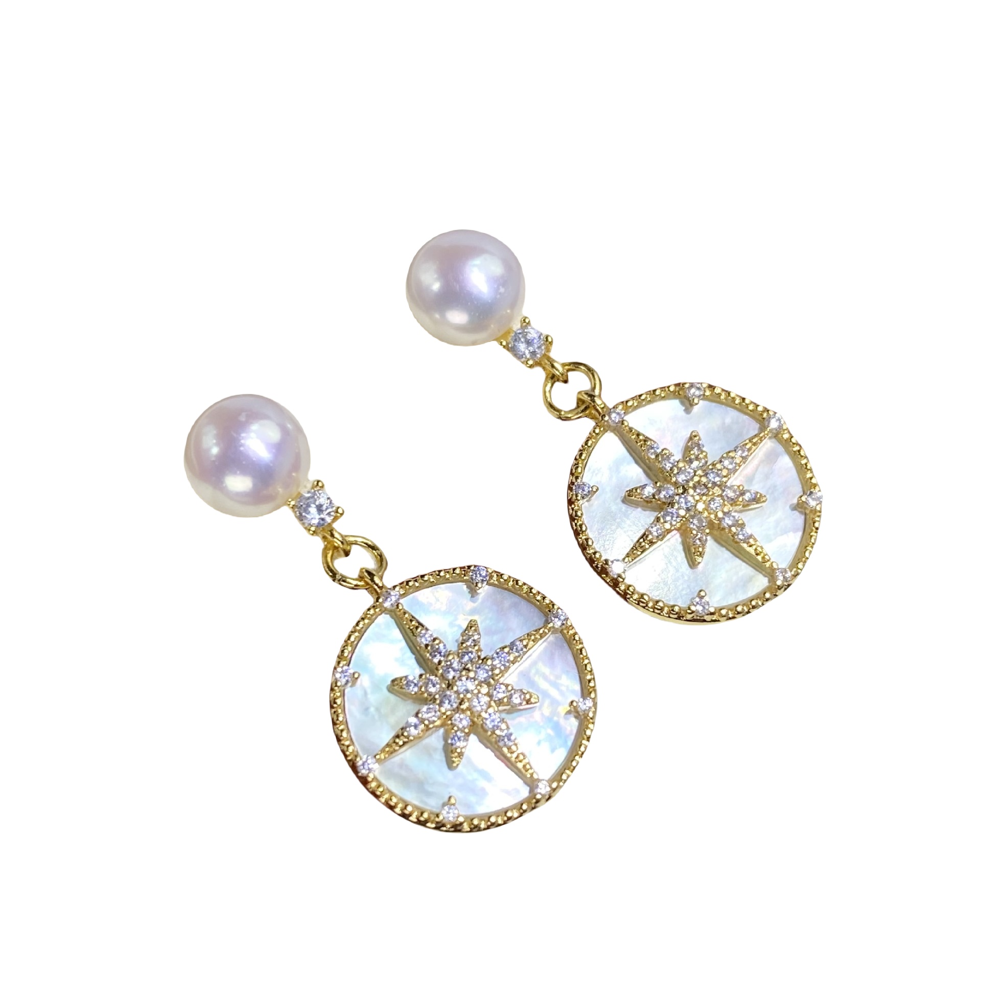 Cute Exaggerated Personality Design Freshwater Pearl Shell Pearl Zircon Dangle Earrings for Women 8 Point Star Design Charm Designer Jewelry