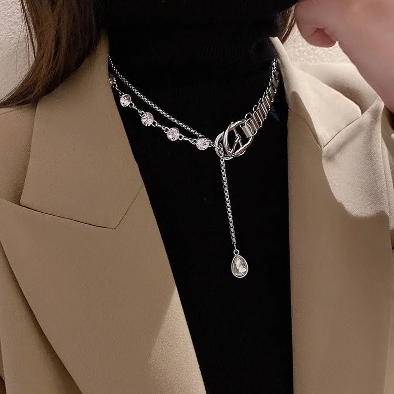 FYUAN Geometric Crystal Choker Necklaces for Women Splicing Chain Button Long Pendant Necklaces Statement Jewelry 250723