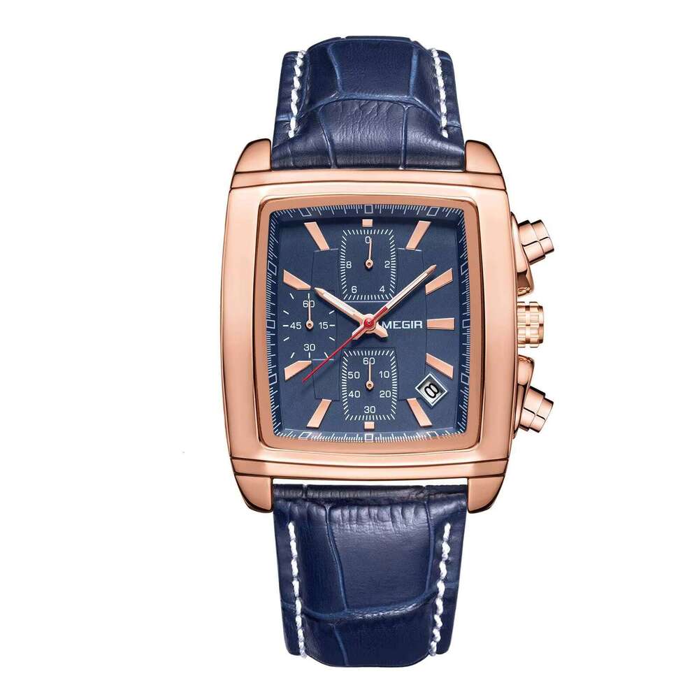 DHwatches MEGIR 2028 Men's Square Chronograph Watch - 39mm Leather Strap, Luminous, Waterproof 30M, Date, Business Quartz Watch