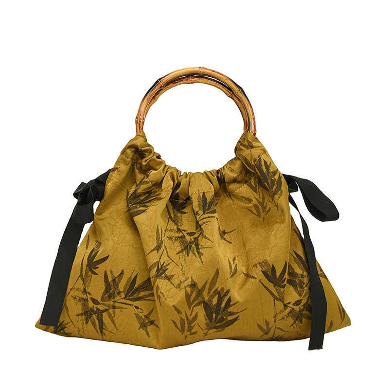 Golden printed dumpling bag, ancient style cheongsam banquet handbag, bamboo handle printed shoulder bag