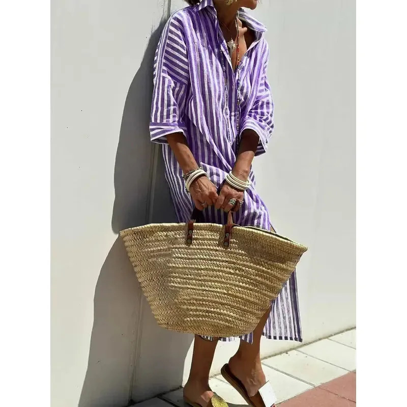 Summer Womens Striped ButtonDown Casual and Comfortable Dress Cardigan with Lapel 250728