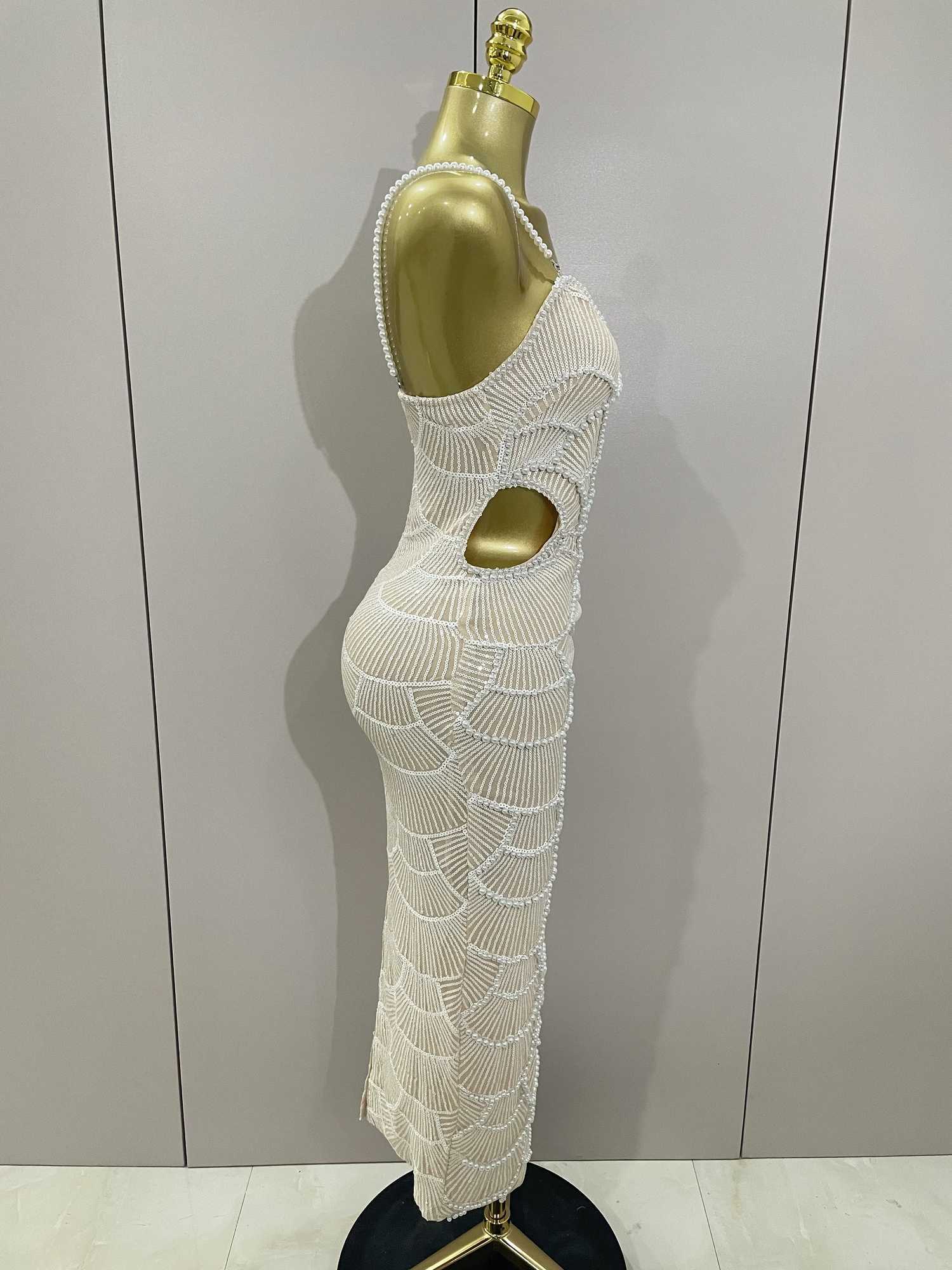 Women Hot Sale Sleeveless Sexy Strap Pearl Beading Sequins Bodycon Long Dress for Celebrating Evening Party Birthday Outfit Vestido Z250728