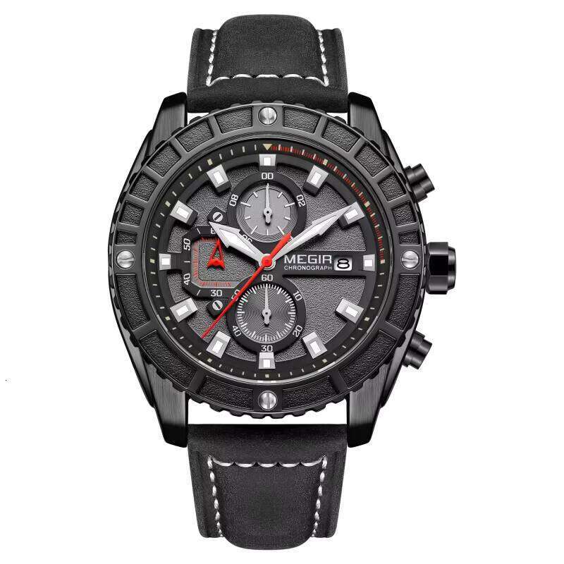 MEGIR Men's 3D Dial Chronograph Quartz Watch - 47mm Genuine Leather, Waterproof - Fashion Sports Style