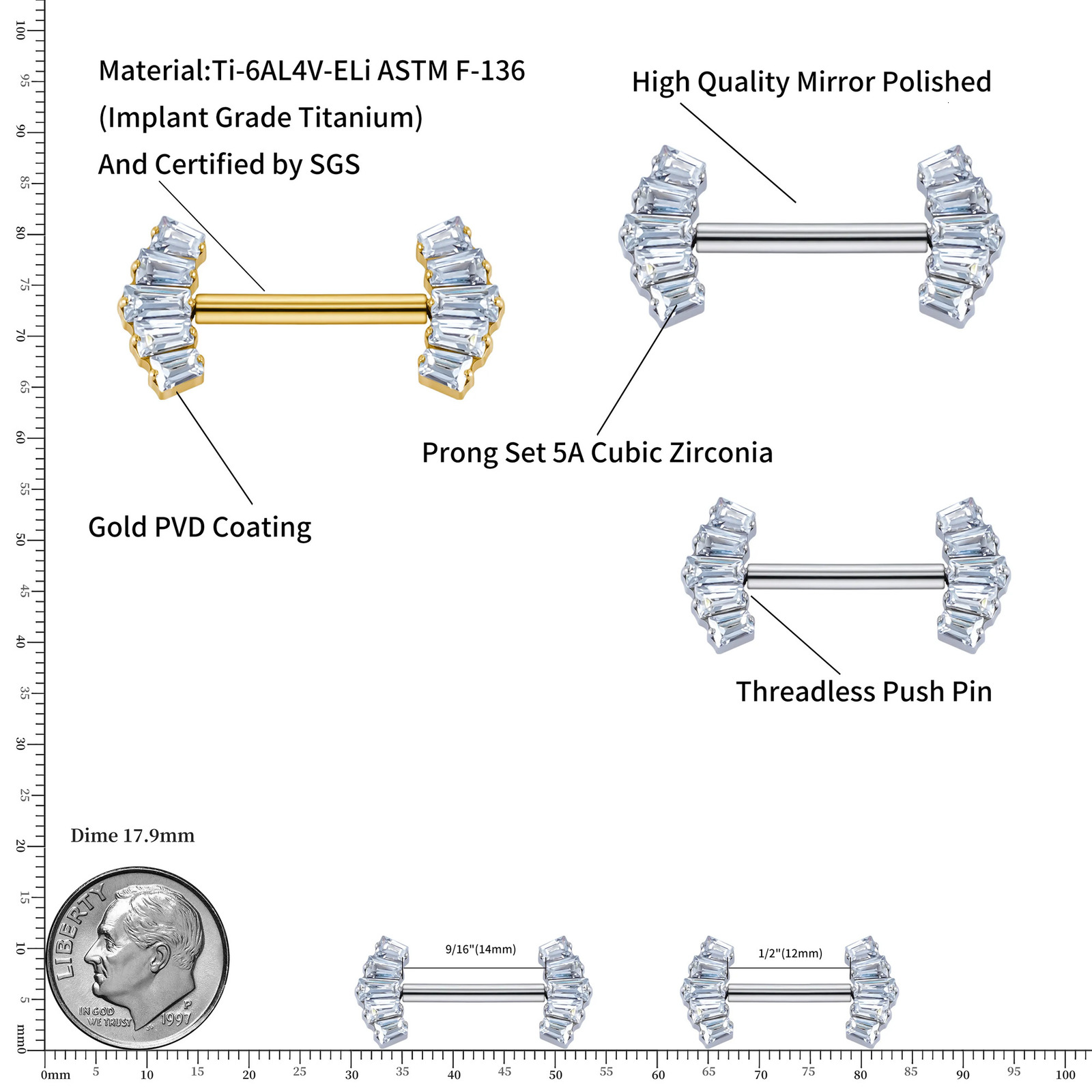 Right Grand ASTM 36 Threadless Push Pin Nipple Shield Barbell Ring with 5-Cluster Baguette CZ Crown Ends 250722