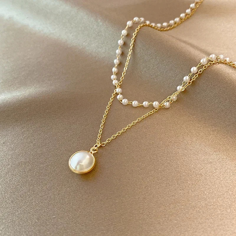 2025 Womens Pearl Necklace Kpop Gold Color Beads Pendant Necklaces Goth Double Layer Chain Choker for Women Fashion Jewelry 250715