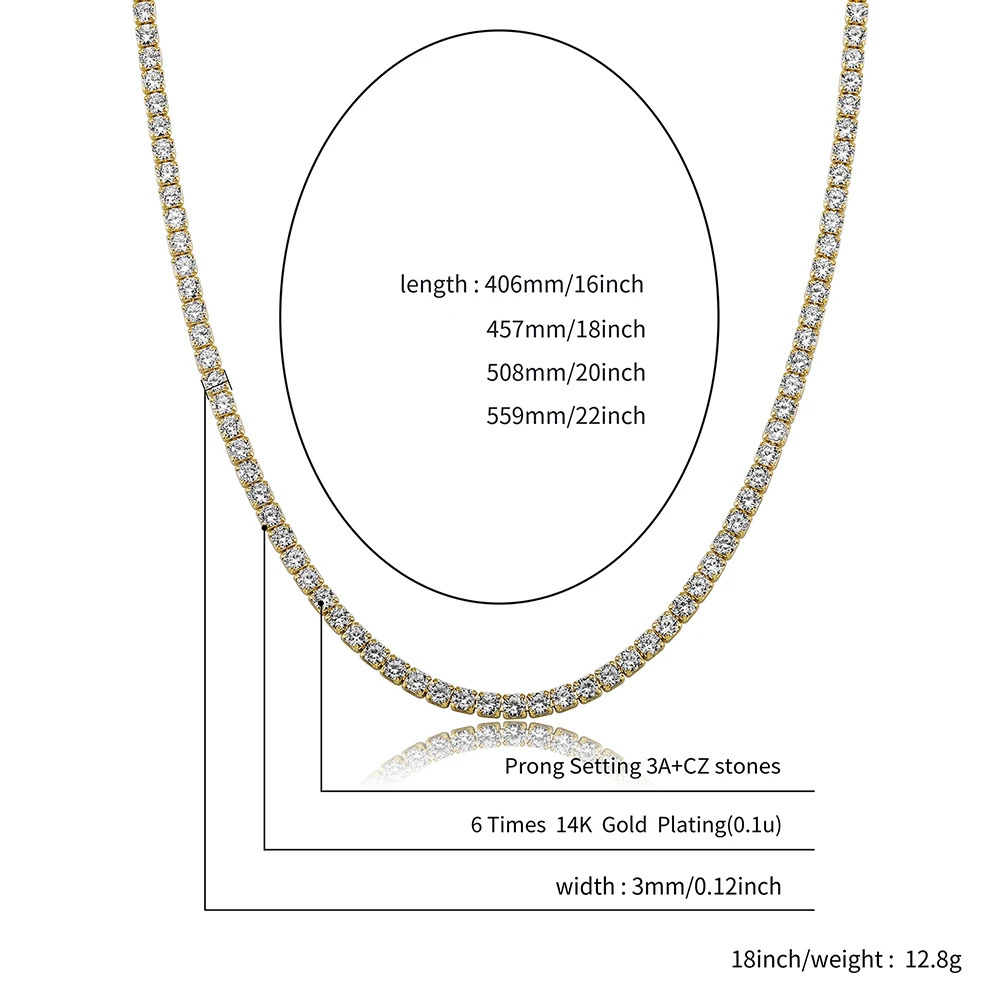 TOPGRILLZ Classic Micro Tennis Necklace 2.5-5mm Iced Out CZ Tennis Chain with Fold Over Clasp Hip Hop Jewelry For Party Gift 250722