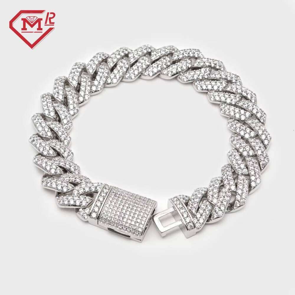 China Factory Custom Mens Hip Hop for Rapper 14mm 2rows Real Solid S Sier Moissanite Bracelet Men